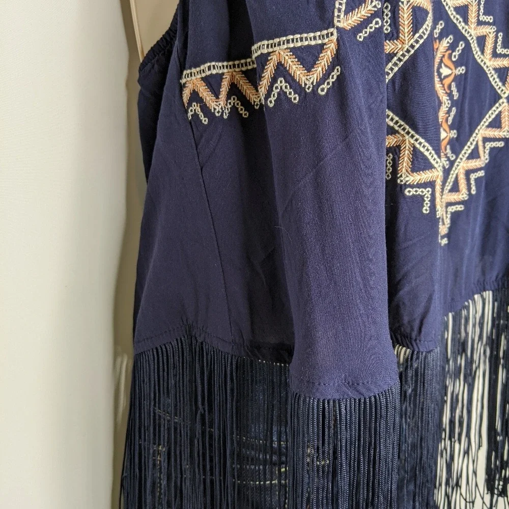 Jenna Hansen Navy Blue Embroidered‎ Fringe Hem Cami Tank Top Boho Festival XS